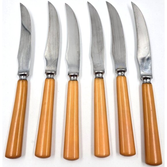 Englishtown Cutlery Sheffield England 6 Orange Bakelite Stainless Steak Knives - Picture 2 of 5